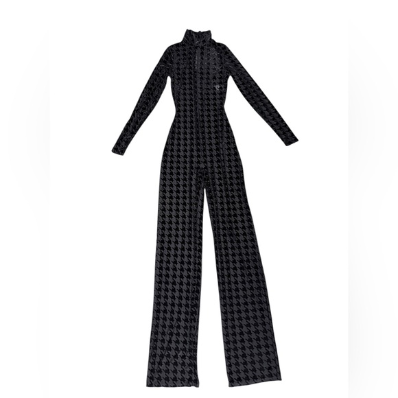 Naked Wardrobe Black Sheer & Velvet Houndstooth Long Sleeve Jumpsuit Size Small - Picture 2 of 9